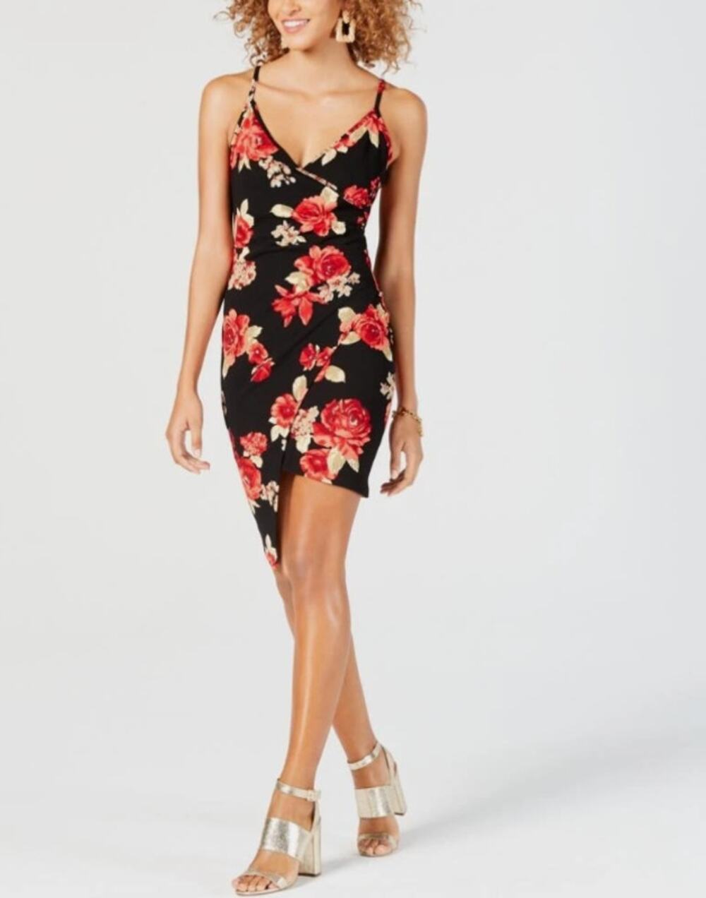 Crave Fame Black/Red Floral Faux-Wrap Sleeveless V-Neck Mini Dress Womens Size S